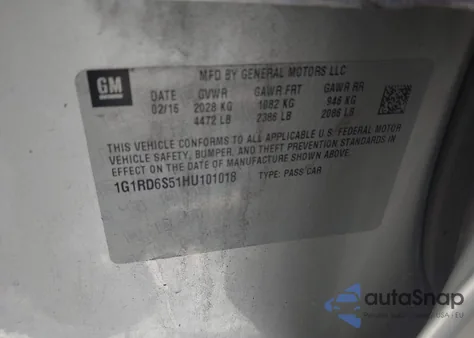 2017 Chevrolet Volt Premier z USA, uszkodzony, nr VIN 1G1RD6S51HU101018